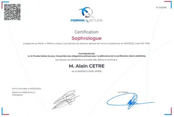 Diplôme Sophrologue Certification RNCP - Alain Cêtre