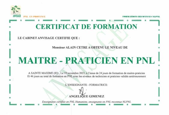 Diplôme Maître Praticien en Programmation Neuro Linguistique - Alain Cêtre