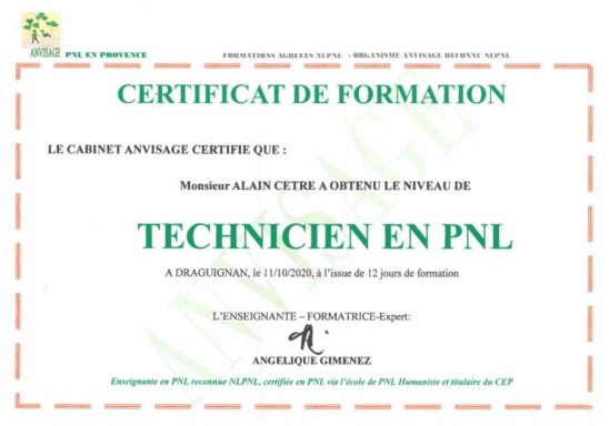 Diplôme Technicien en Programmation Neuro Linguistique - Alain Cêtre